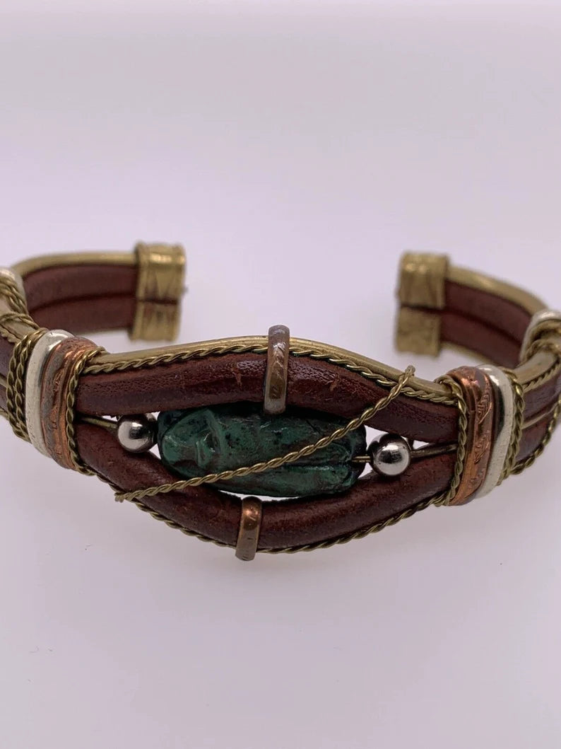 Mens Brown Leather Scarab Copper & Silver 925 Vintage Handmade Cuff Bracelet