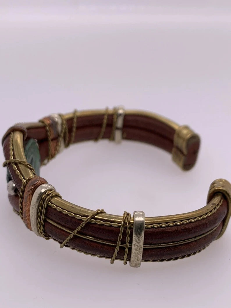 Mens Brown Leather Scarab Copper & Silver 925 Vintage Handmade Cuff Bracelet