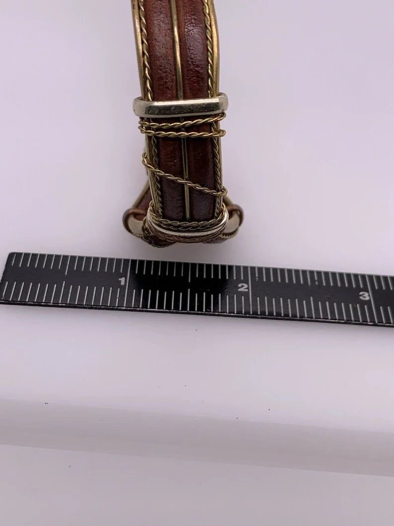 Mens Brown Leather Scarab Copper & Silver 925 Vintage Handmade Cuff Bracelet