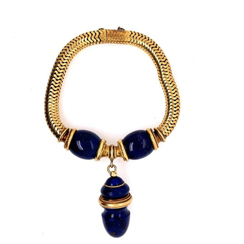 Retro Gold 22k Bracelet Natural Rare Lapis Lazuli Carving Circa 1940