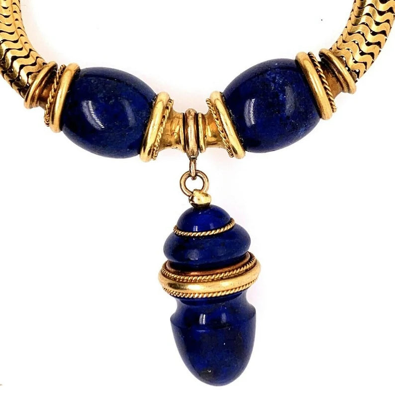 Retro Gold 22k Bracelet Natural Rare Lapis Lazuli Carving Circa 1940