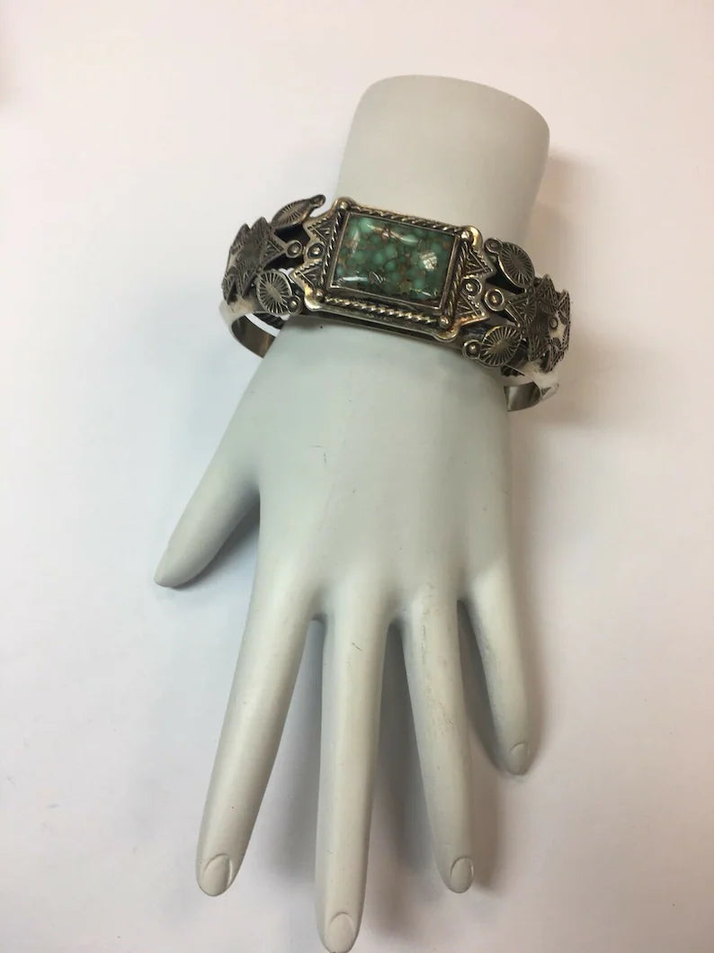 Rare Estate Cuff Native Vintage Bangle 925 Silver 100.88g Turquoise Gem Stone