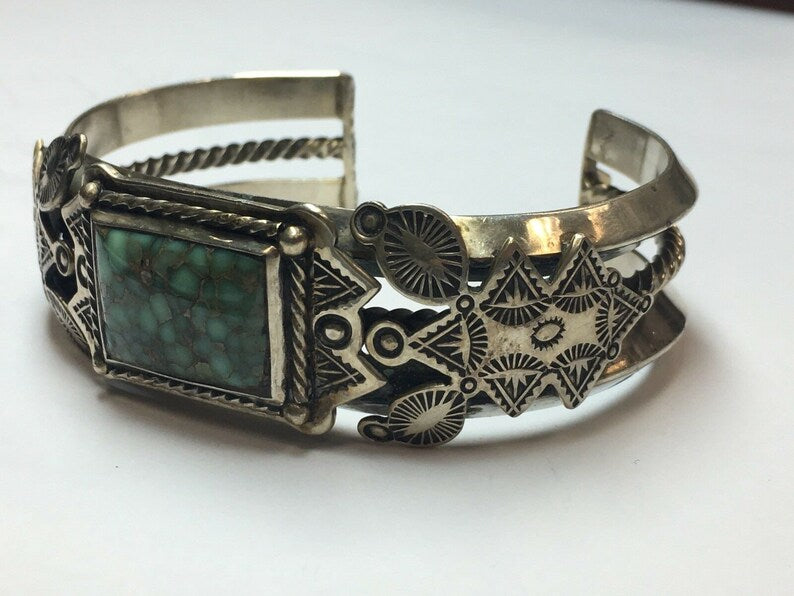 Rare Estate Cuff Native Vintage Bangle 925 Silver 100.88g Turquoise Gem Stone