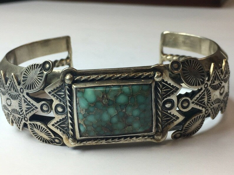 Rare Estate Cuff Native Vintage Bangle 925 Silver 100.88g Turquoise Gem Stone