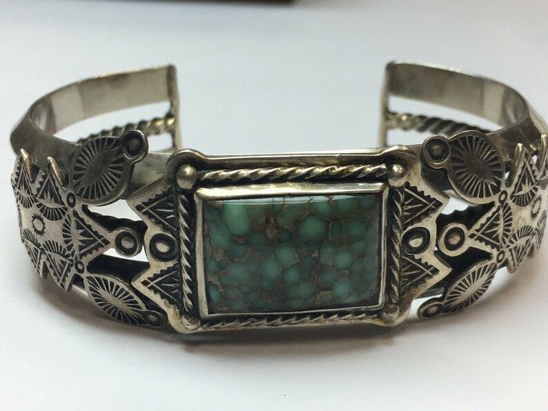 Rare Estate Cuff Native Vintage Bangle 925 Silver 100.88g Turquoise Gem Stone