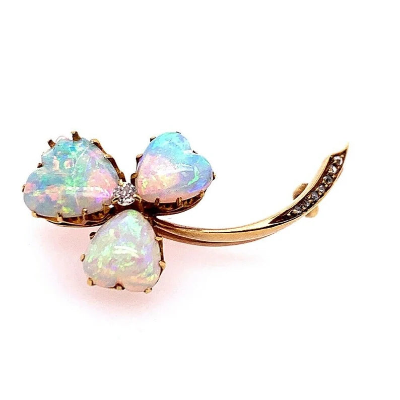 Victorian Fire Gold Natural Opal Pin Set With 8 Diamonds Gem Stone Rare Antique