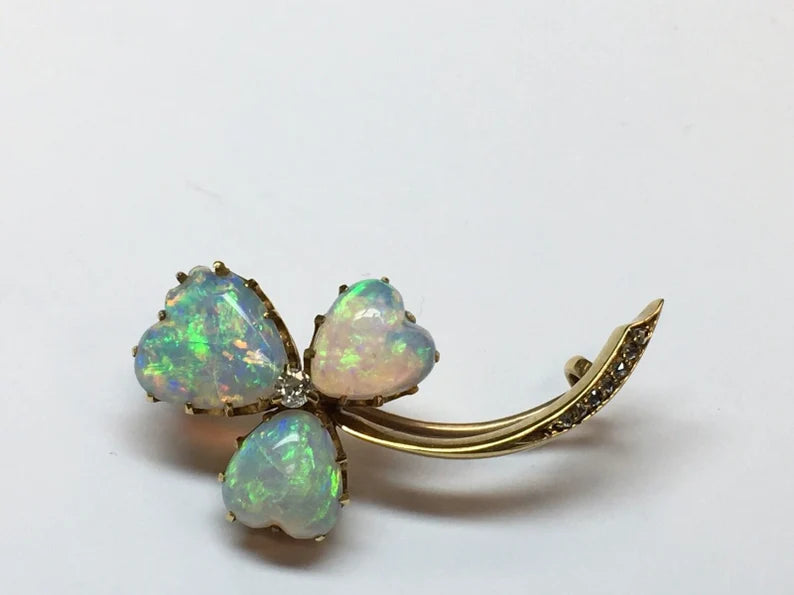 Victorian Fire Gold Natural Opal Pin Set With 8 Diamonds Gem Stone Rare Antique