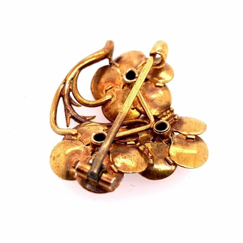 Victorian Gold Enamel Flower Brooche 0.12 Carat Natural Euro Diamond Circa 1920