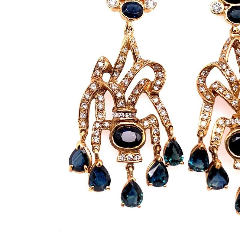 Retro Gold Earrings 30 Carat Natural Deep Blue Sapphire & Diamond Circa 1950