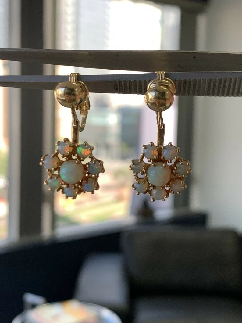 Vintage Gold Natural Opal Earrings Gem Stone Circa 1980