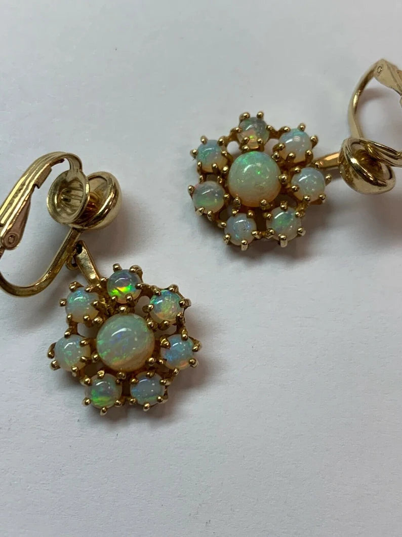 Vintage Gold Natural Opal Earrings Gem Stone Circa 1980