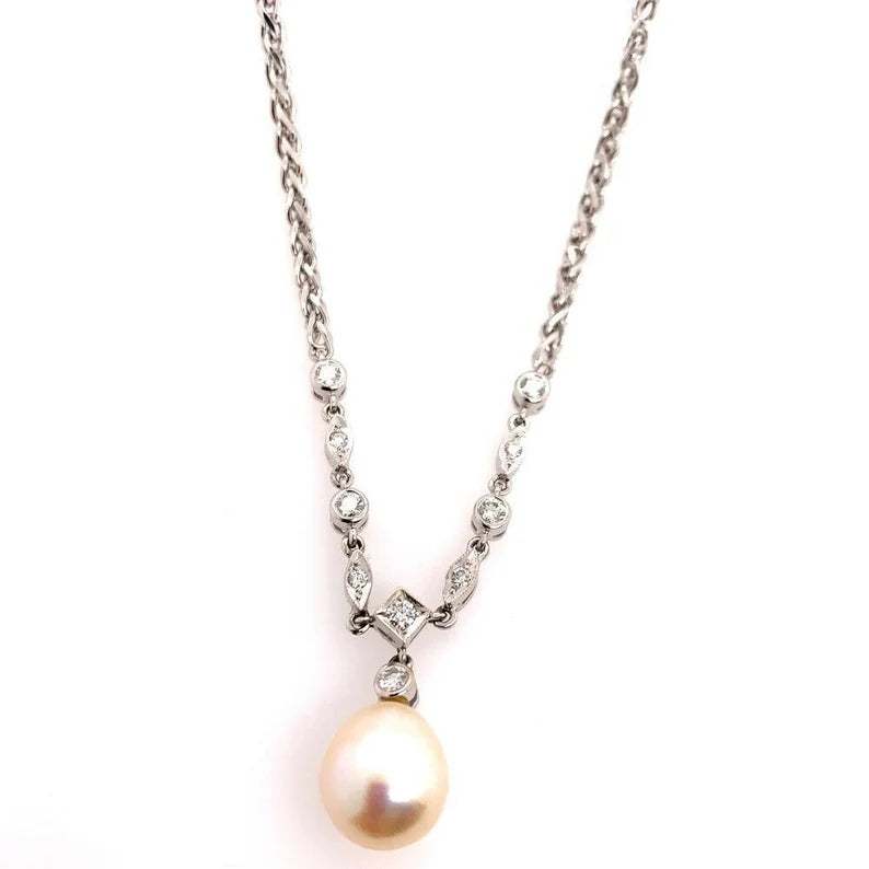 Rare Estate Vintage 14k 22g Gold 0.50ct Diamond Pearl Antique Necklace Gem Stone