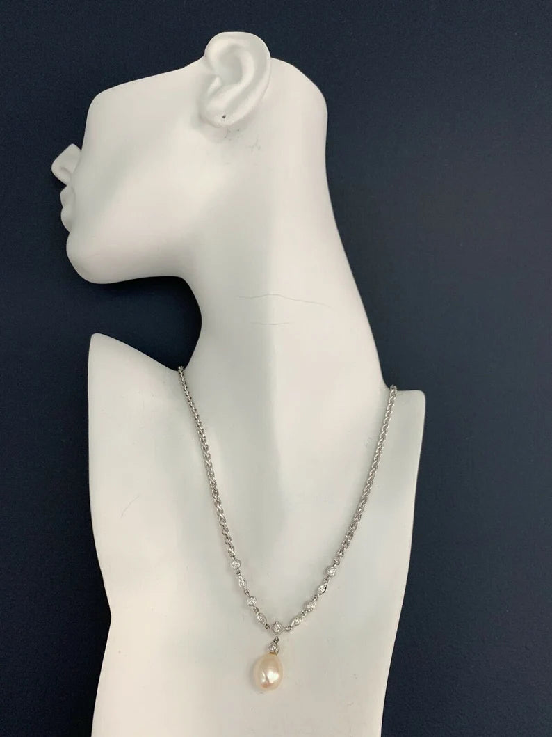 Rare Estate Vintage 14k 22g Gold 0.50ct Diamond Pearl Antique Necklace Gem Stone