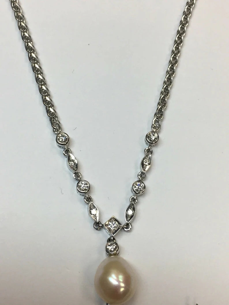 Rare Estate Vintage 14k 22g Gold 0.50ct Diamond Pearl Antique Necklace Gem Stone