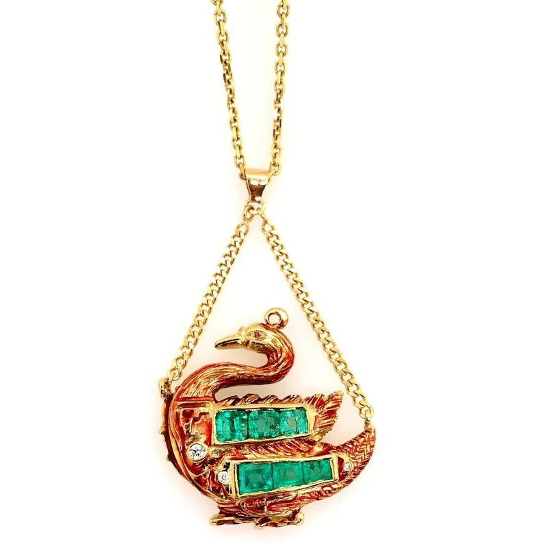 GIA Certified Gold Swan Pendant 6.50 Carat Natural Colombian Emerald Circa 1950
