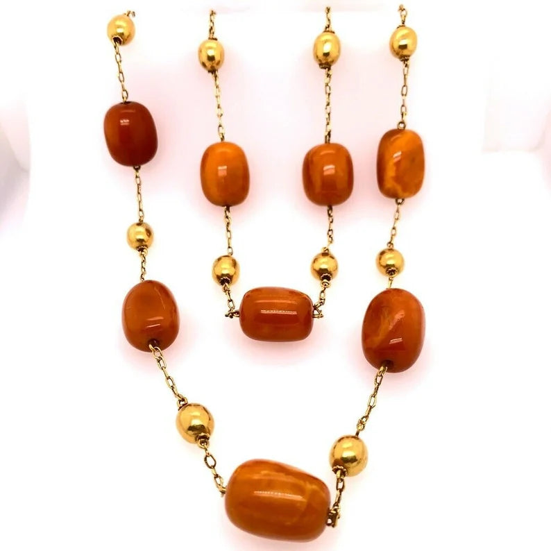 Gold Retro 38" Natural Butterscotch Egg Yolk Amber Gem Necklace Bead Circa 1950