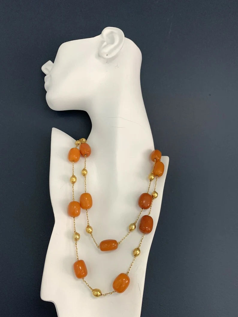 Gold Retro 38" Natural Butterscotch Egg Yolk Amber Gem Necklace Bead Circa 1950