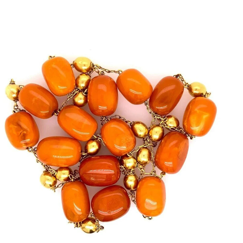 Gold Retro 38" Natural Butterscotch Egg Yolk Amber Gem Necklace Bead Circa 1950