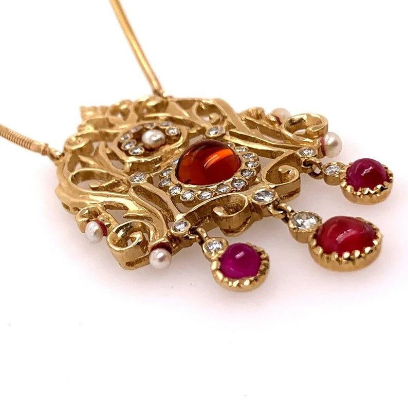 Retro Gold Pendant 6 Carat Natural Diamond, Ruby, Quartz Gemstone Circa 1960