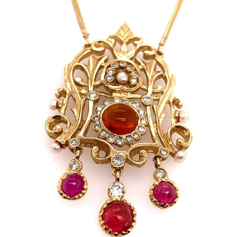 Retro Gold Pendant 6 Carat Natural Diamond, Ruby, Quartz Gemstone Circa 1960