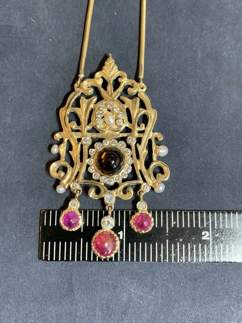Retro Gold Pendant 6 Carat Natural Diamond, Ruby, Quartz Gemstone Circa 1960