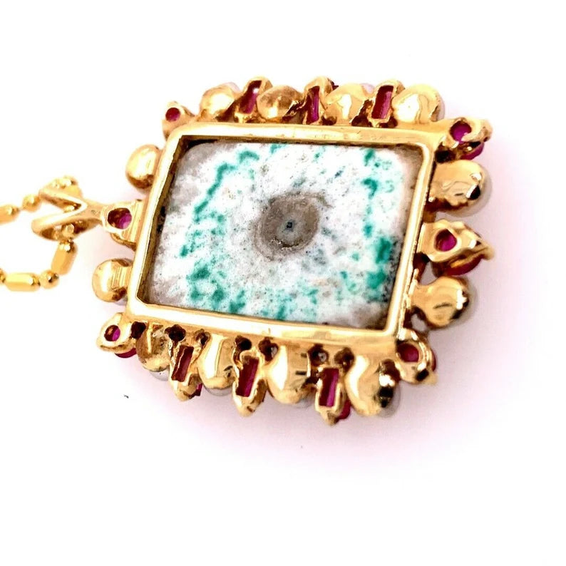 Retro Gold Pendant 0.75 Carat Natural Ruby, Pearl & Geode Quartz Circa 1980