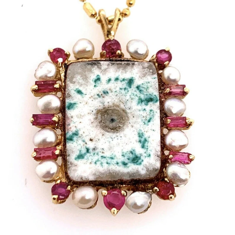 Retro Gold Pendant 0.75 Carat Natural Ruby, Pearl & Geode Quartz Circa 1980