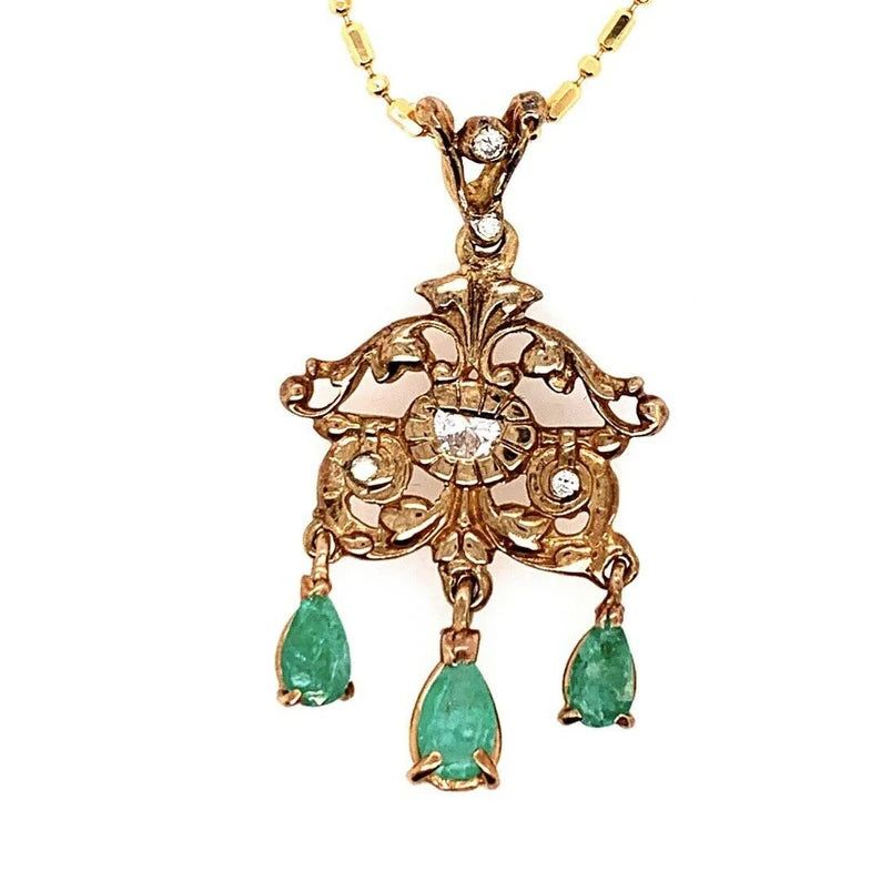 Retro Gold Pendant 1.80 Carat Natural Diamond & Emerald Gem Stone Circa 1960