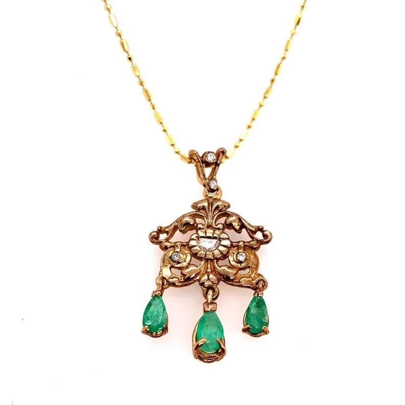 Retro Gold Pendant 1.80 Carat Natural Diamond & Emerald Gem Stone Circa 1960
