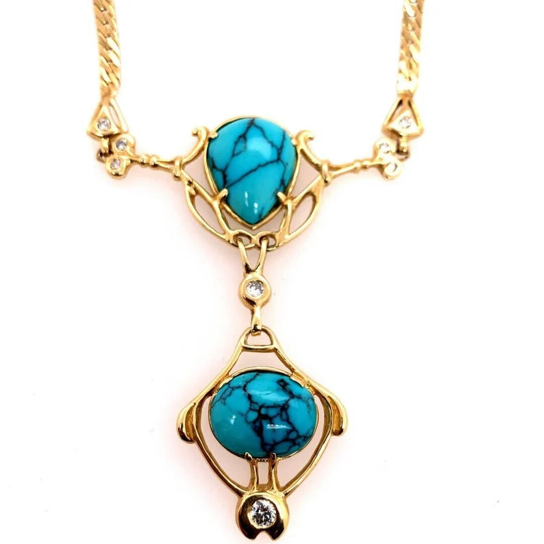 Retro Gold Natural Turquoise Gem .75 Carat Colorless Diamond Necklace Circa 1950