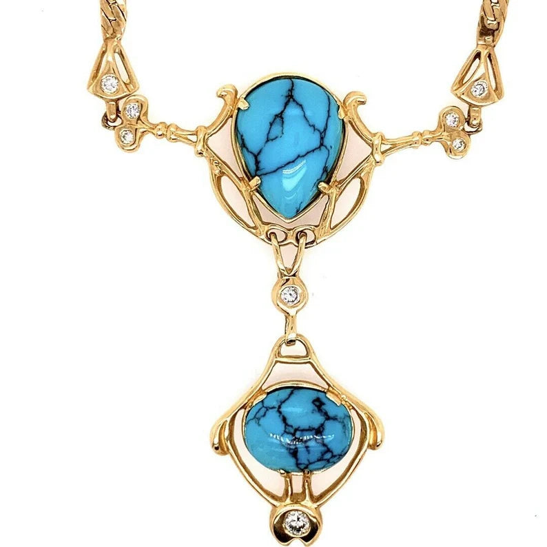Retro Gold Natural Turquoise Gem .75 Carat Colorless Diamond Necklace Circa 1950