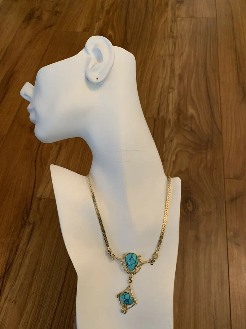 Retro Gold Natural Turquoise Gem .75 Carat Colorless Diamond Necklace Circa 1950