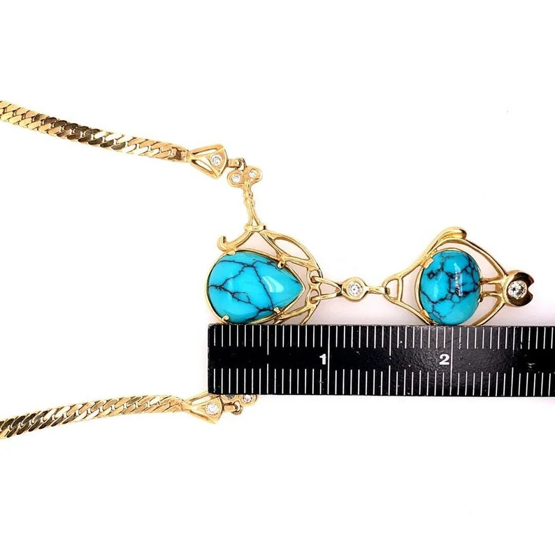 Retro Gold Natural Turquoise Gem .75 Carat Colorless Diamond Necklace Circa 1950