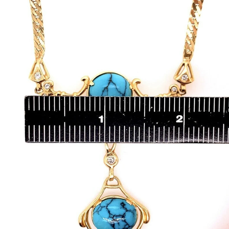 Retro Gold Natural Turquoise Gem .75 Carat Colorless Diamond Necklace Circa 1950