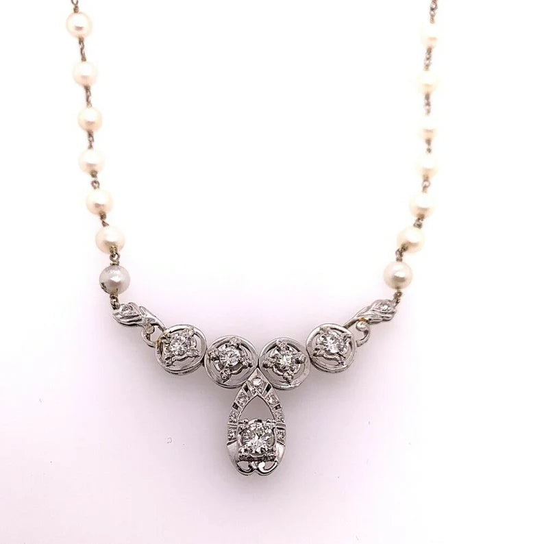 Retro Gold Necklace Natural 1 Carat Round Diamond & Pearl Gem Stone Circa 1970