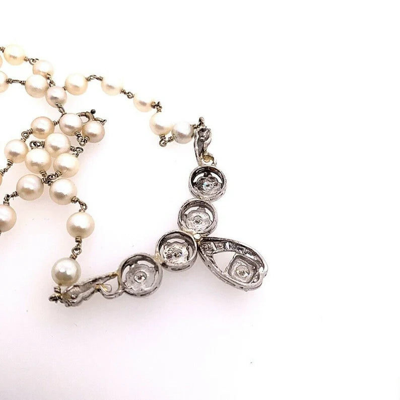 Retro Gold Necklace Natural 1 Carat Round Diamond & Pearl Gem Stone Circa 1970