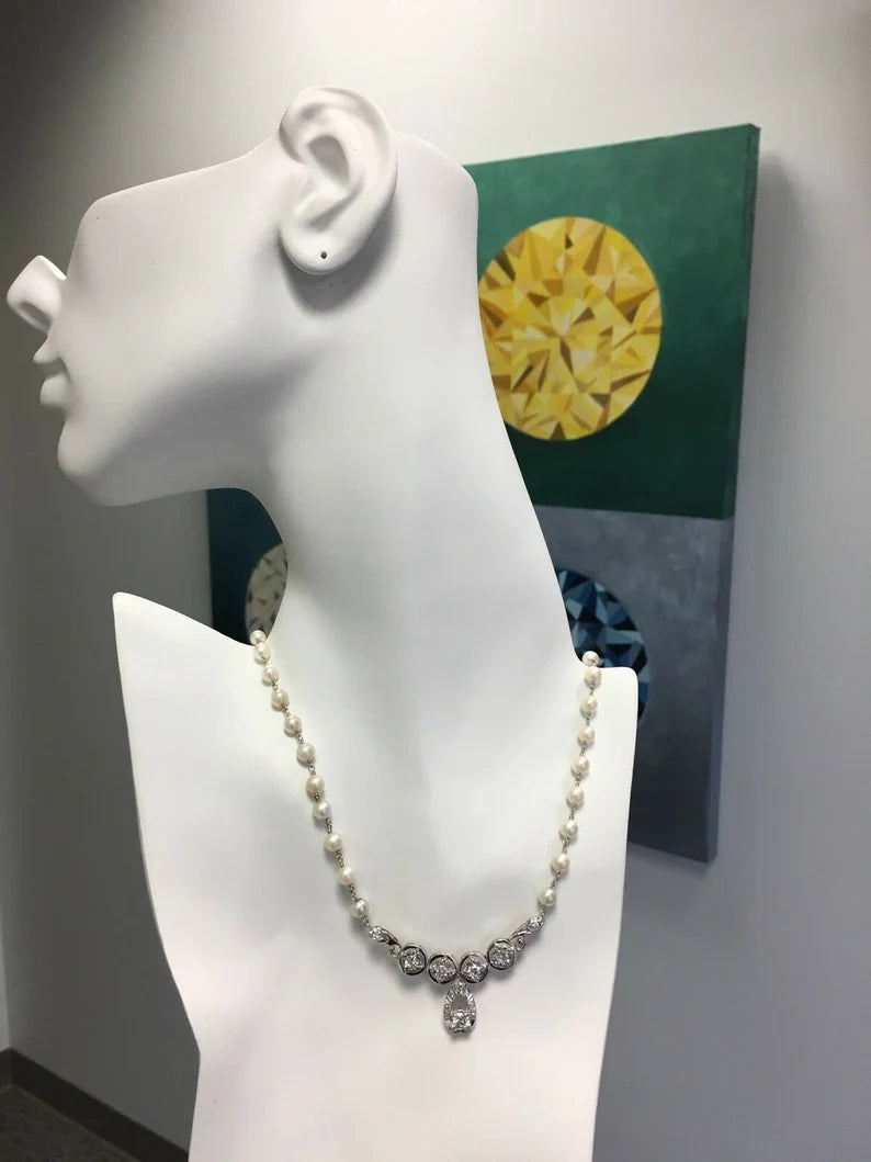 Retro Gold Necklace Natural 1 Carat Round Diamond & Pearl Gem Stone Circa 1970
