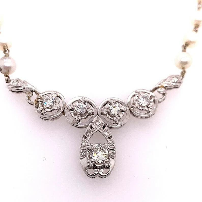 Retro Gold Necklace Natural 1 Carat Round Diamond & Pearl Gem Stone Circa 1970