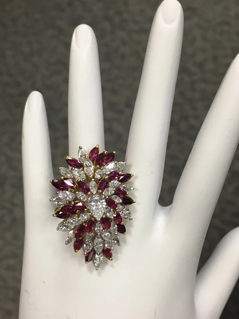 Retro Gold 10.50 Carat Marquise Natural Diamond & Ruby Cocktail Ring Circa 1970