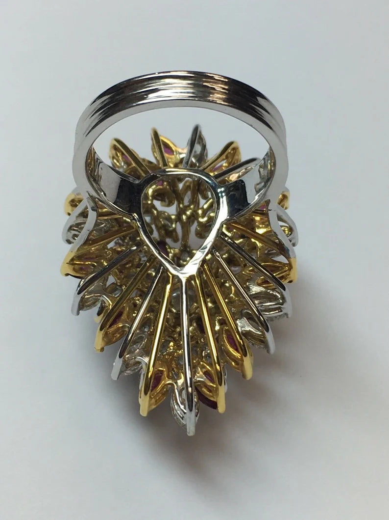 Retro Gold 10.50 Carat Marquise Natural Diamond & Ruby Cocktail Ring Circa 1970
