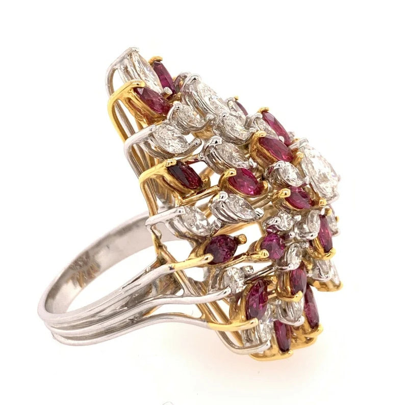 Retro Gold 10.50 Carat Marquise Natural Diamond & Ruby Cocktail Ring Circa 1970