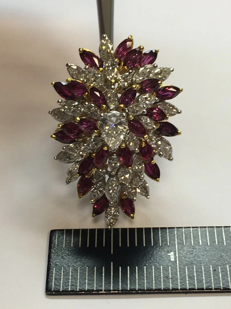 Retro Gold 10.50 Carat Marquise Natural Diamond & Ruby Cocktail Ring Circa 1970