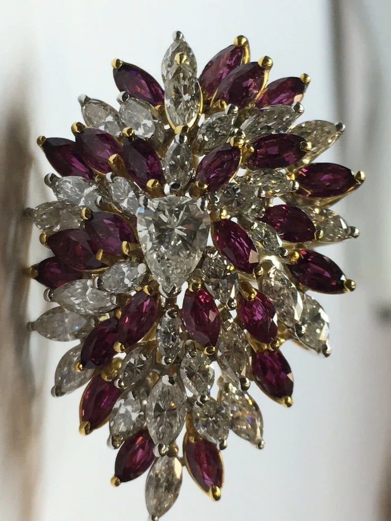 Retro Gold 10.50 Carat Marquise Natural Diamond & Ruby Cocktail Ring Circa 1970