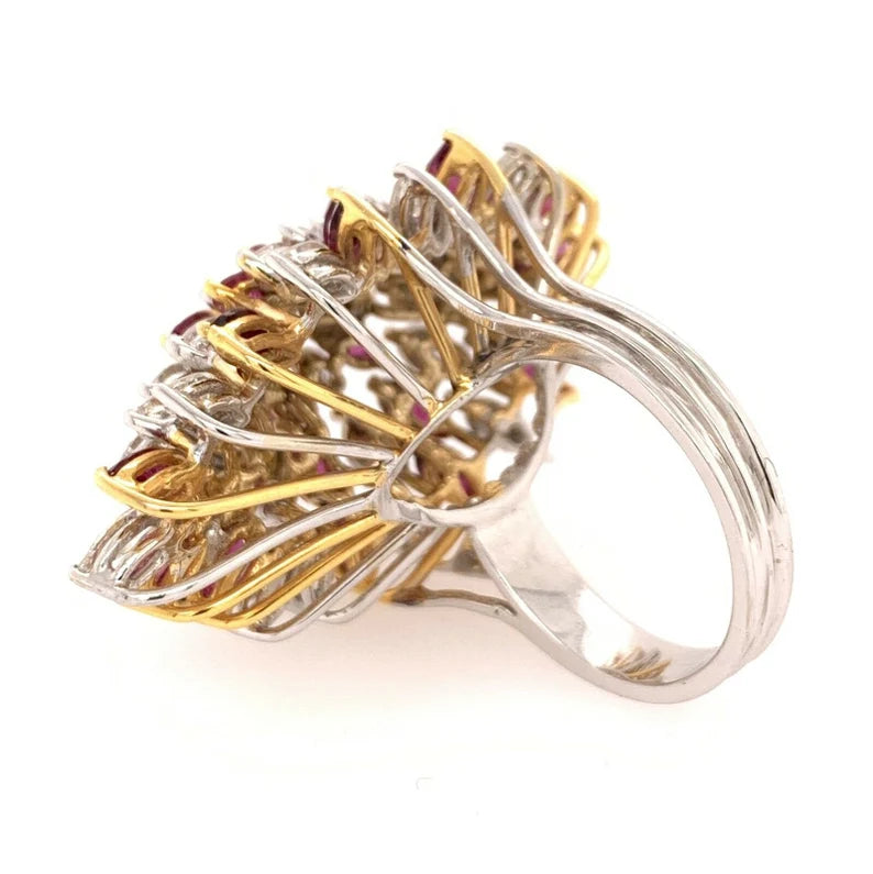 Retro Gold 10.50 Carat Marquise Natural Diamond & Ruby Cocktail Ring Circa 1970