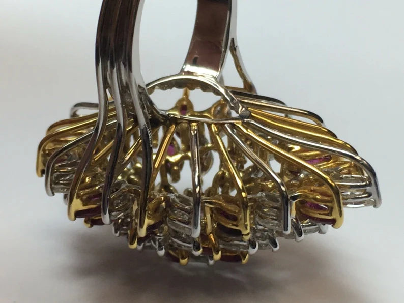 Retro Gold 10.50 Carat Marquise Natural Diamond & Ruby Cocktail Ring Circa 1970