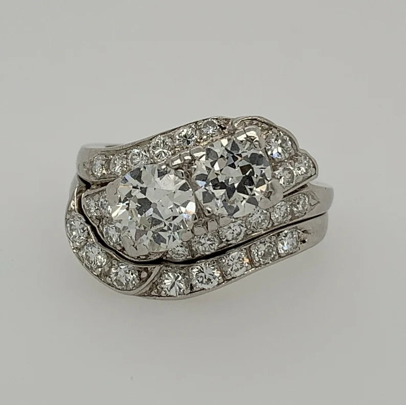 Vintage Platinum 1.85ct Natural Diamond Ring & Band Set Round Brilliant Estate