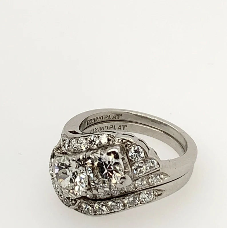 Vintage Platinum 1.85ct Natural Diamond Ring & Band Set Round Brilliant Estate