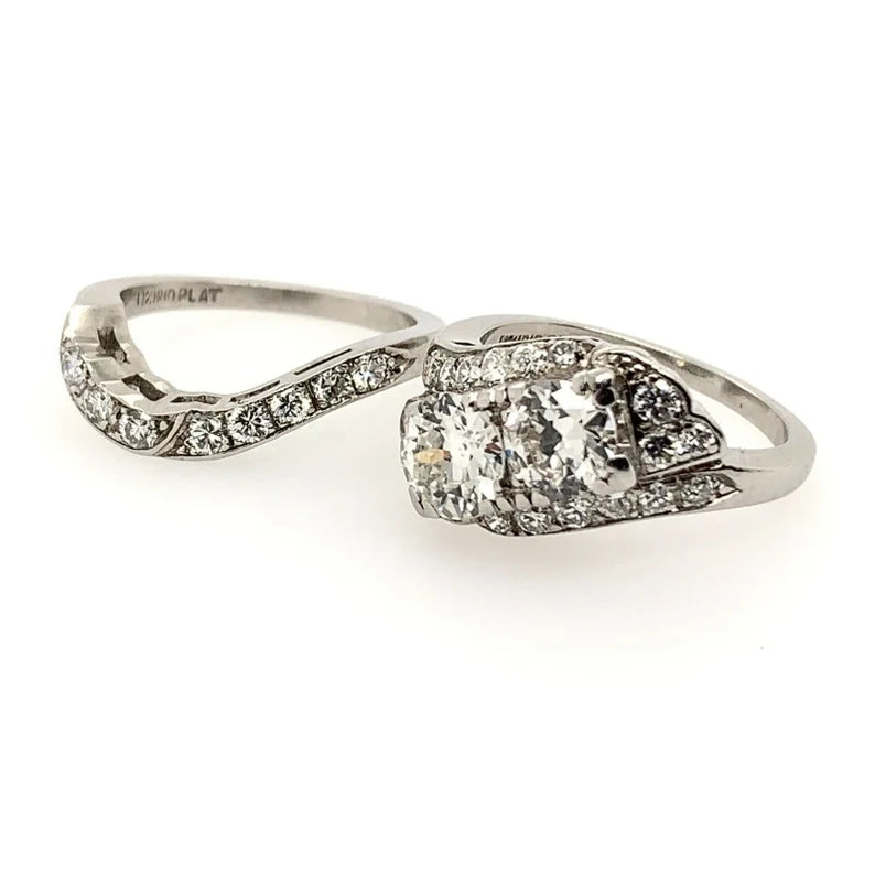 Vintage Platinum 1.85ct Natural Diamond Ring & Band Set Round Brilliant Estate