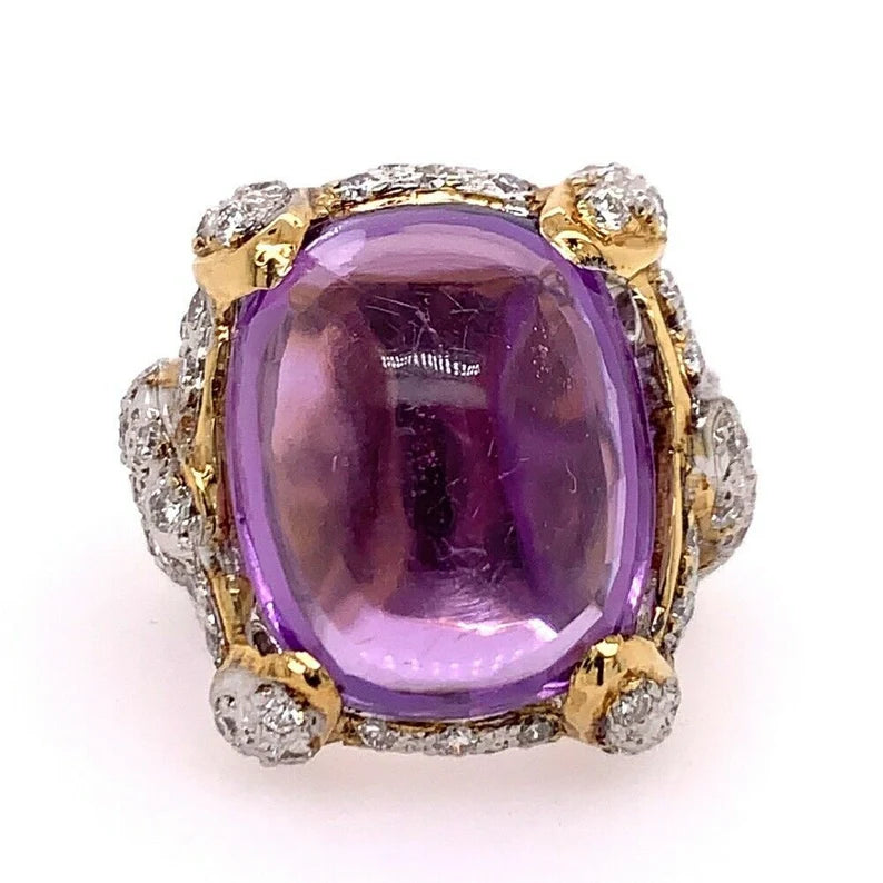 21.68 Carat Retro Gold Cocktail Ring Natural Diamond & Cab Amethyst 1960 Gem
