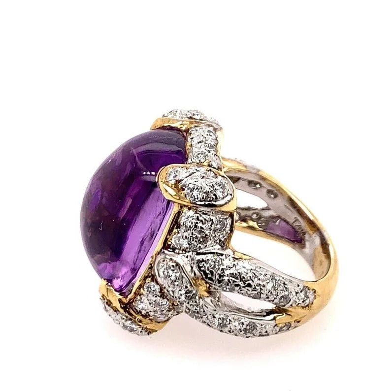 21.68 Carat Retro Gold Cocktail Ring Natural Diamond & Cab Amethyst 1960 Gem